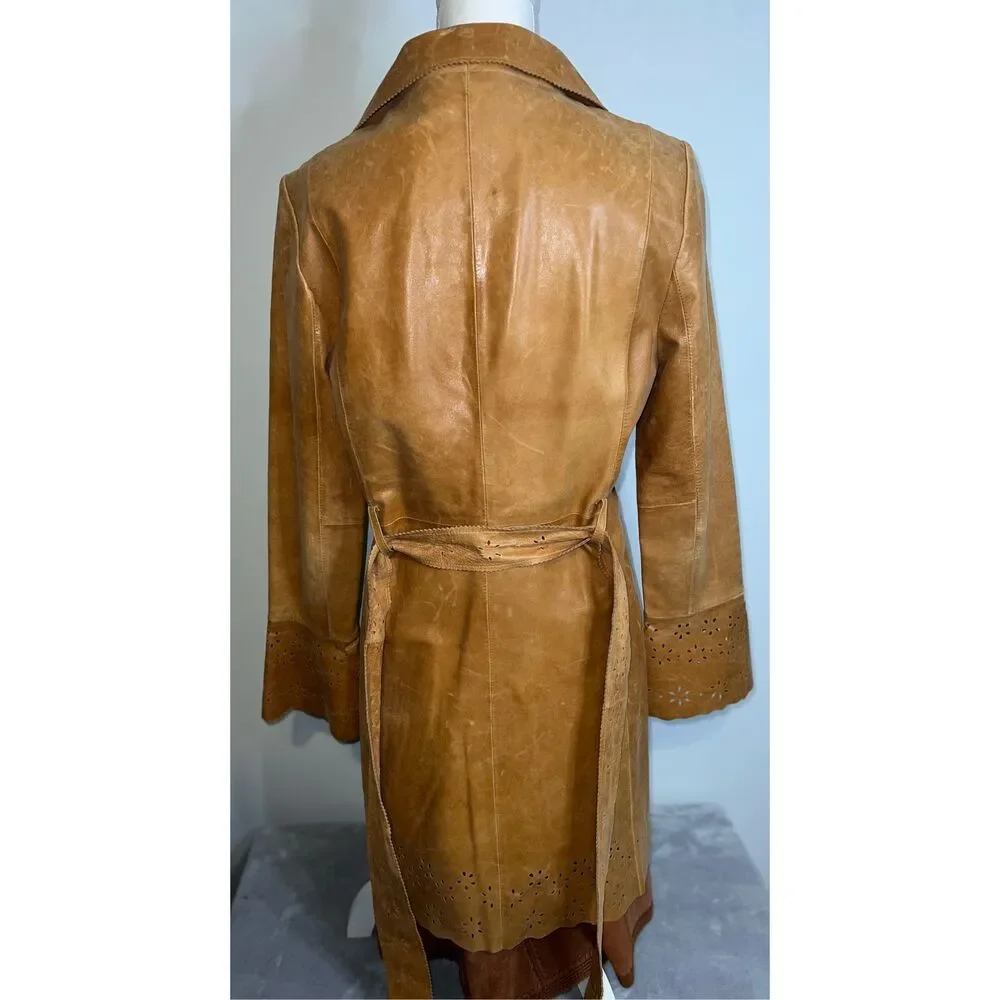 Wilsons Leather Duster Caramel Tan Trench Eyelet 70s Pearl Snaps Coat - Picture 10 of 12